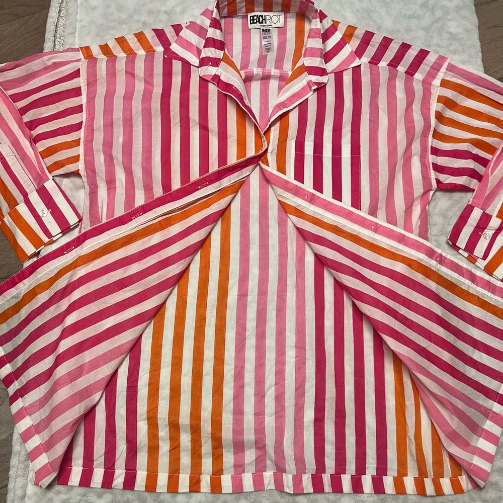 Beach Riot Pink and Orange Striped Oversized Cotton Cover up Shirt 100% Cotton - Picture 3 of 7